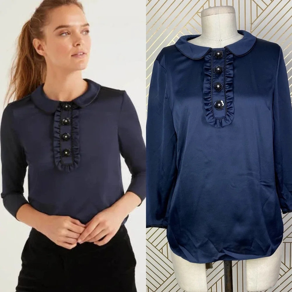 Boden‎ Sophia Sequin Collared 3/4 Sleeve Blouse Top in Navy Blue Size US 6